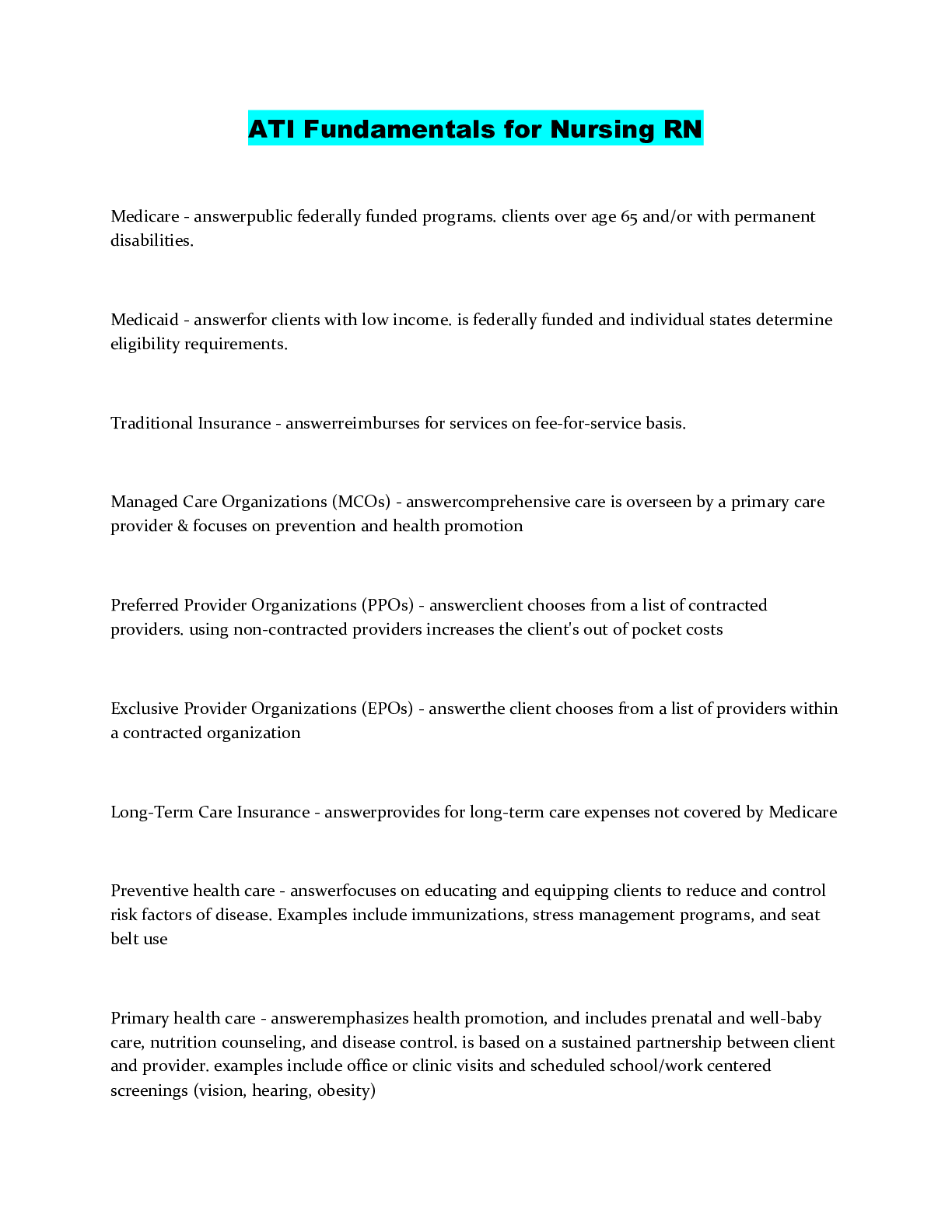 Preview image of ATI Fundamentals for Nursing RN document